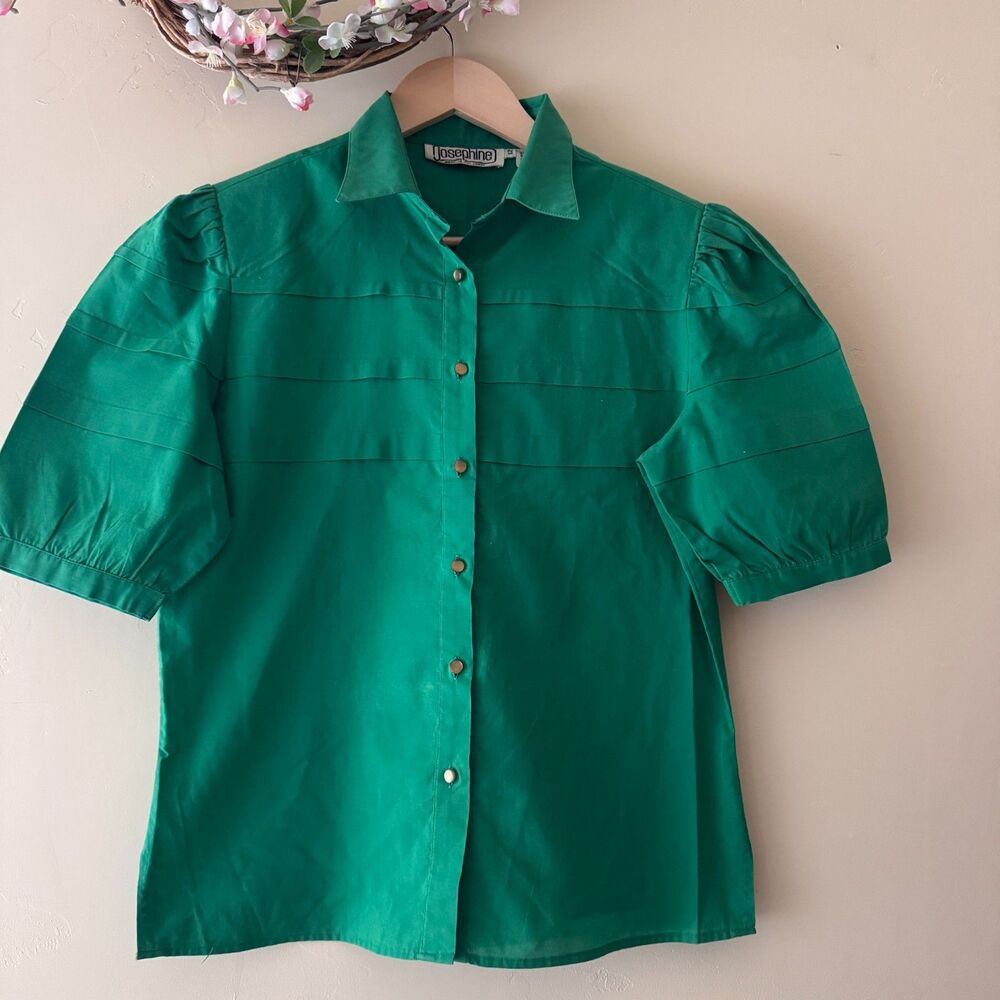 Josephine Shirt Womens 12 Button Up Puff Sleeve Blouse Top Green Vintage 80s